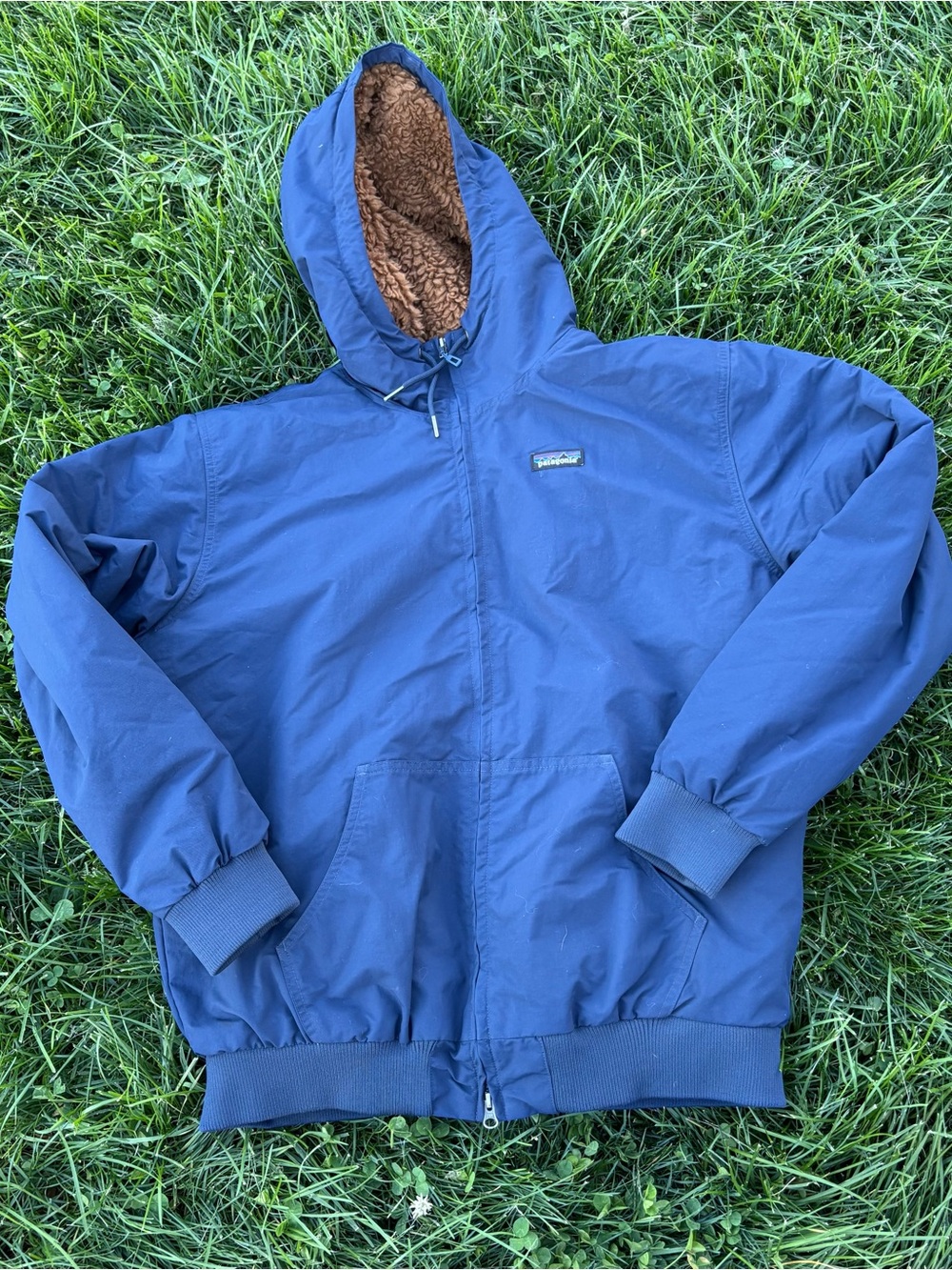 Patagonia Blue Hooded Bomber Jacket with Brown Sherpa Lining